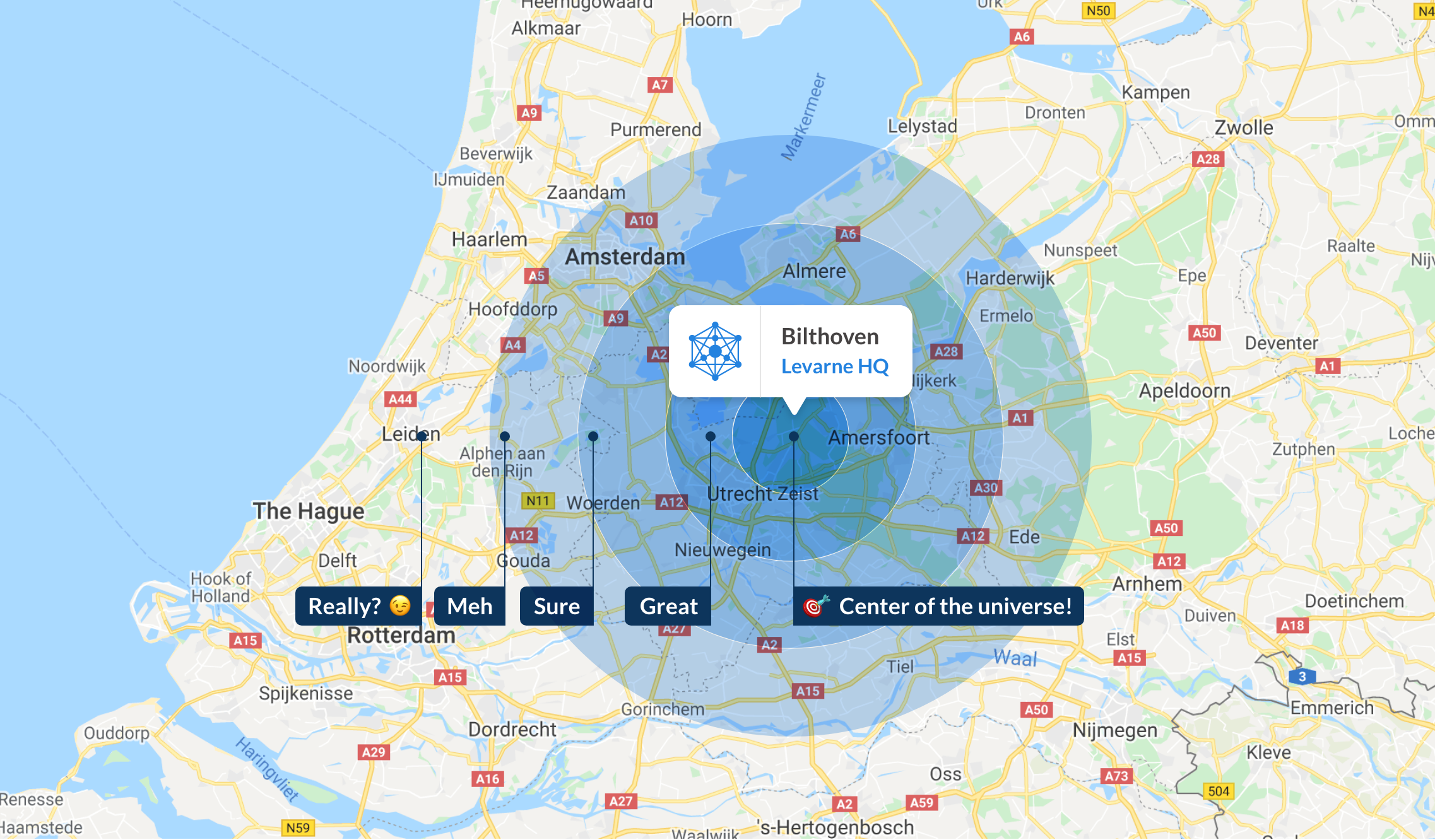 Een organogram die de medewerkers categoriseert op de volgende functies: native cloud, data analyse, support, front end, design en organisatie
